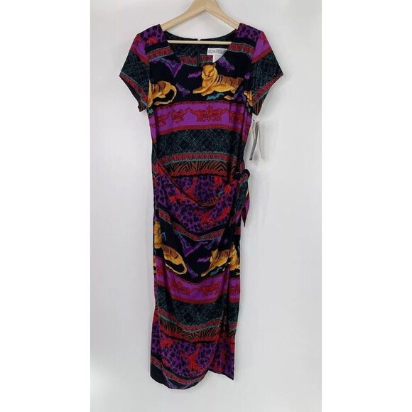 Vintage 90s‎ Deadstock Tiger Boho Print Short Sleeve Wrap Skirt Maxi Dress 14 - Picture 1 of 16